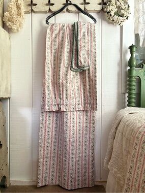 Vintage Cotton Heavy Floral Branch  Ticking Stripes Curtains set of 2 Flaws